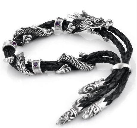 Sasang Sacred Dragon Silver Bracelets Bangle Dragon Black Leather Bracelet Man Jewelry